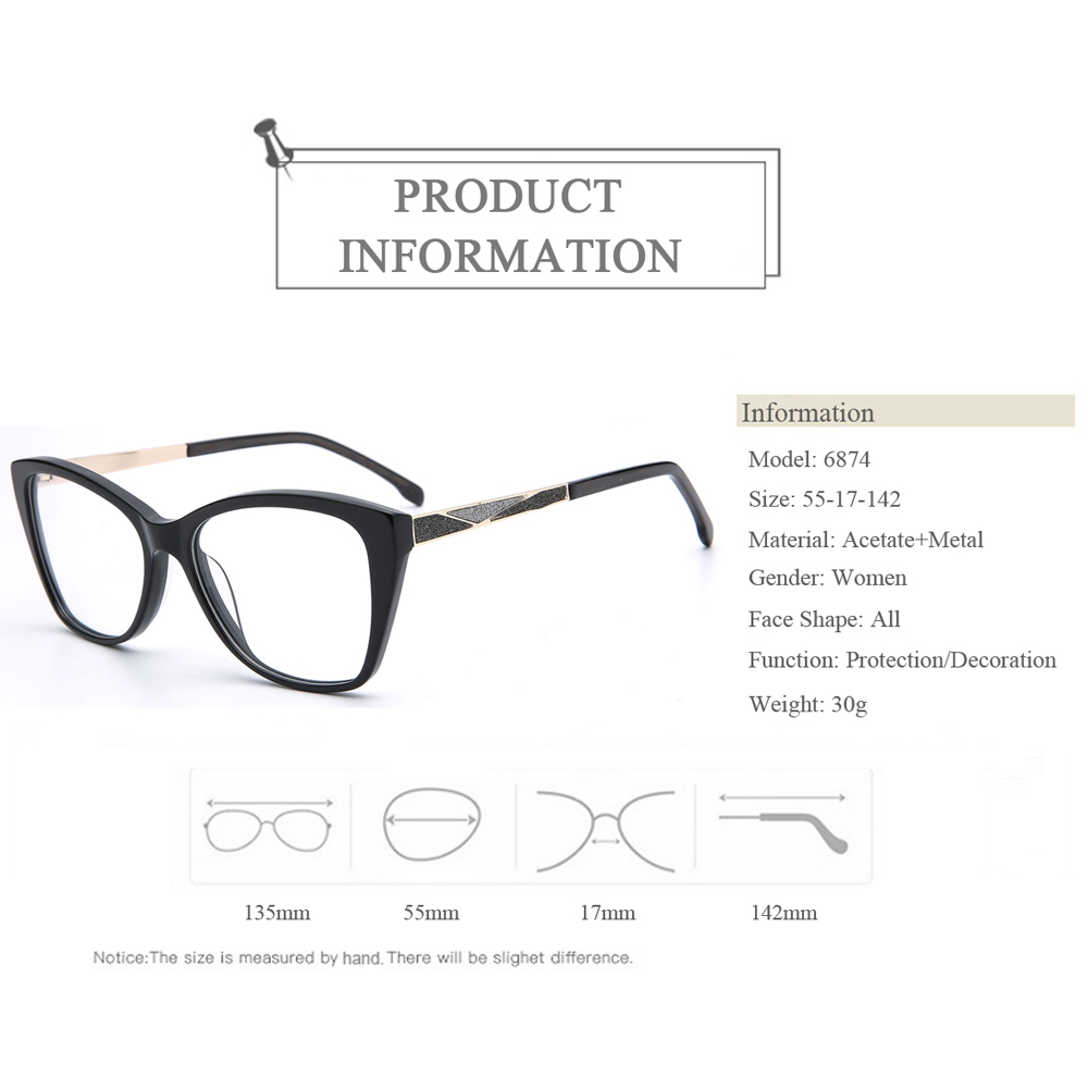 6874 Crystal Women Acetate Optical Eyeglasses Frames Factory Manufacture