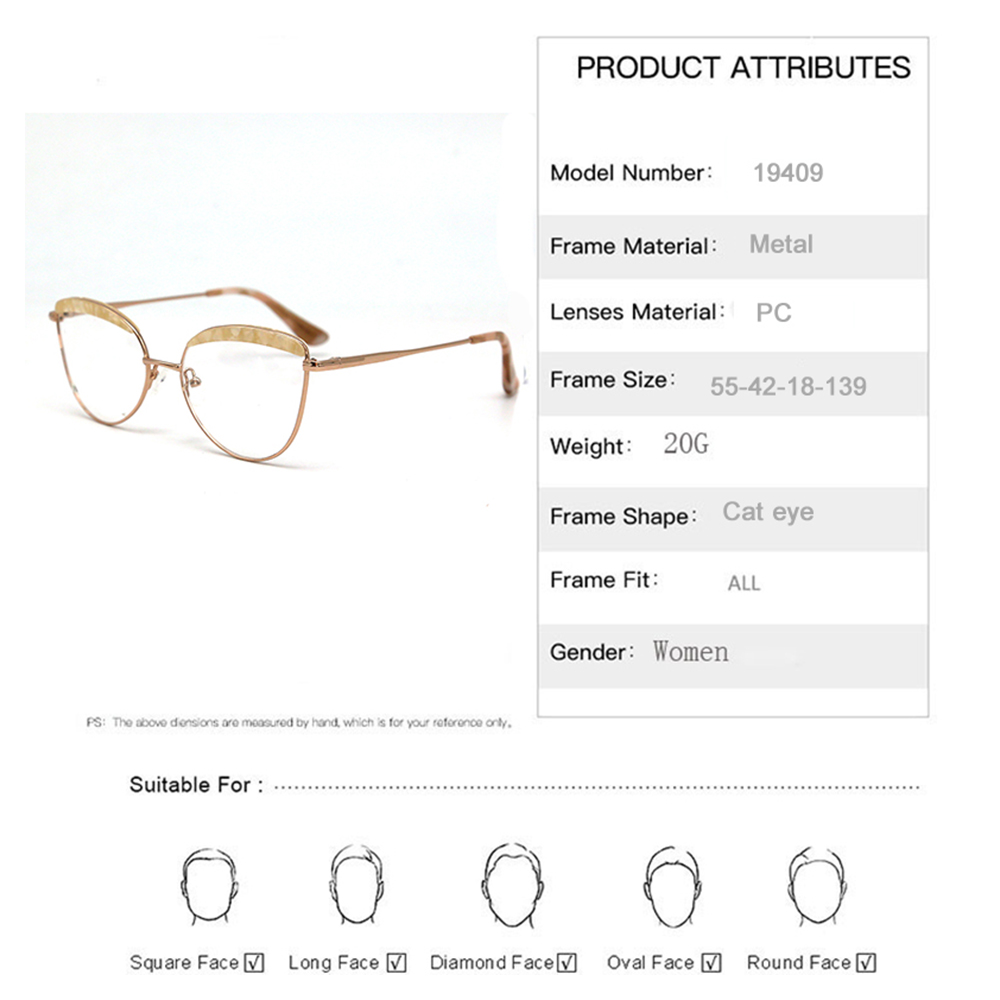  19409 Newest Oversize Metal Cat Eye Optical Glasses Eyeglasses For Women 2021