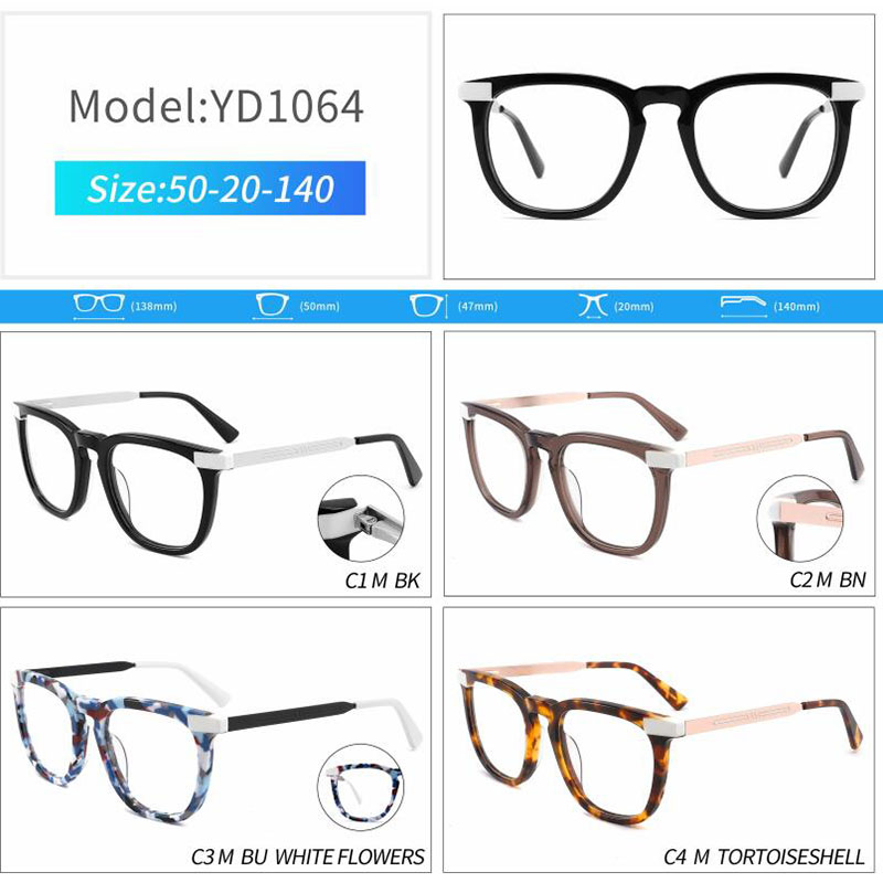 YD1064 High Quality Retro Square Acetate With Metal Eyewear Glasses Optical Glasses 