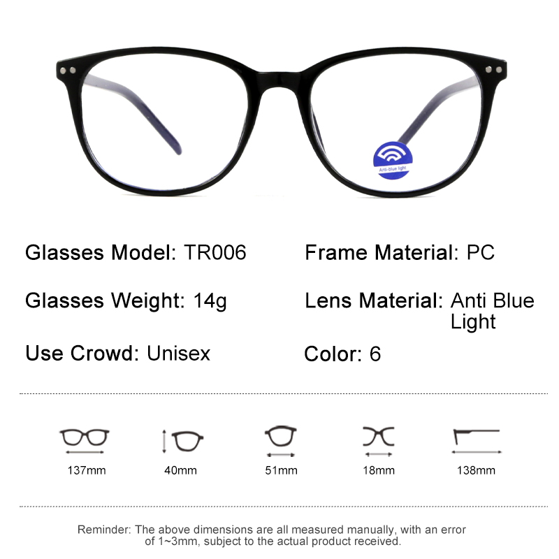 MK006 Fashion Womens Round TR90 Anti Blue Light Blocking Eyeglasses