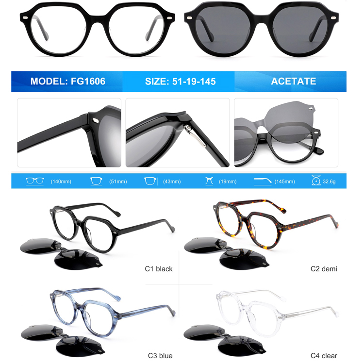 Acetate Round Black Frame Glasses with Sunglasses Polarized Clip on Glasses Newest 2024